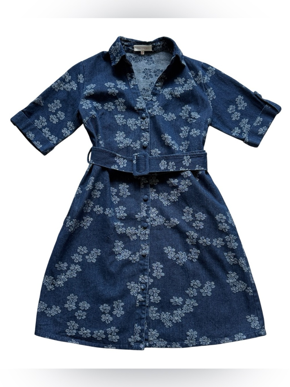 Solitaire Denim Floral Belted Shirt Dress Button Front Midi Blue Women’s S Fall